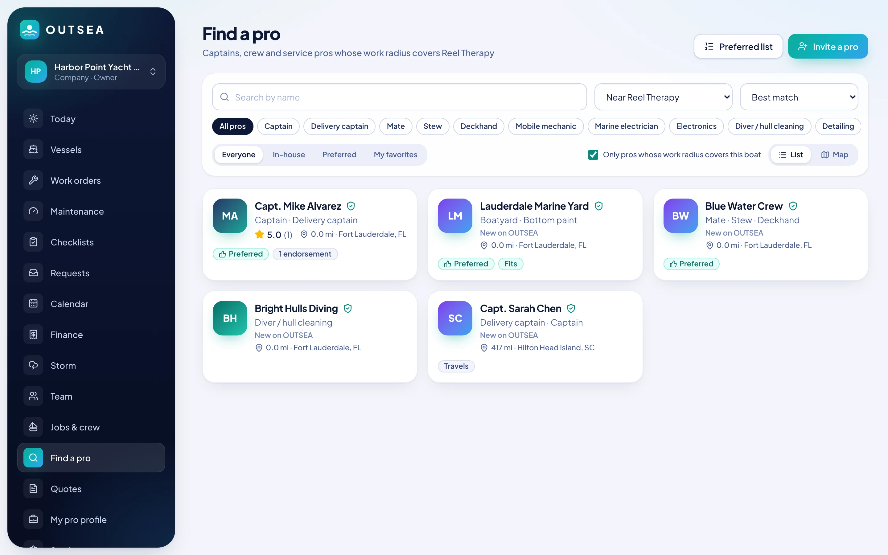 Find a pro directory filtered for a boat