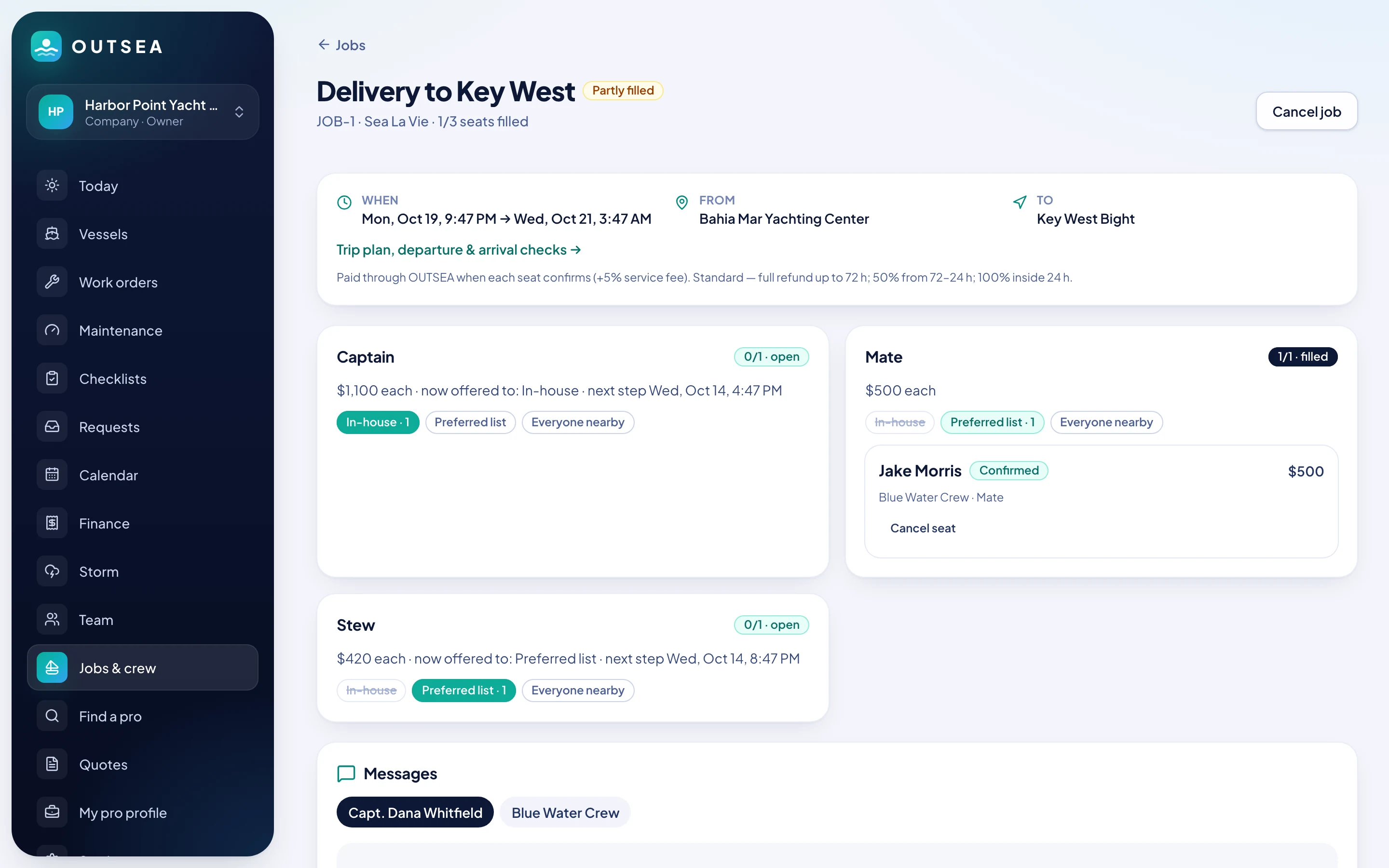 A delivery job with captain, mate and stew positions, one seat confirmed and the others offered in tiers