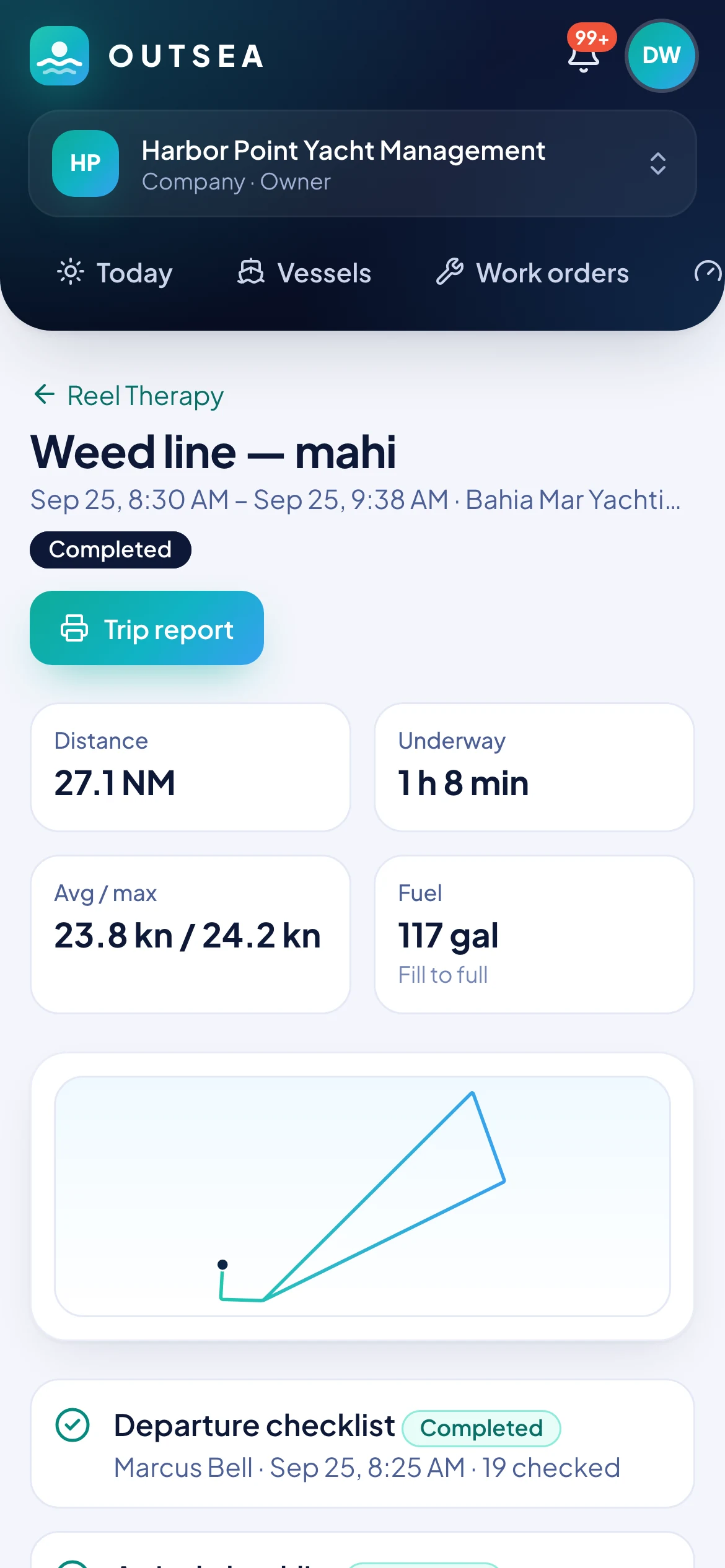 A completed trip on a phone: distance, time underway, speed, fuel and the GPS track