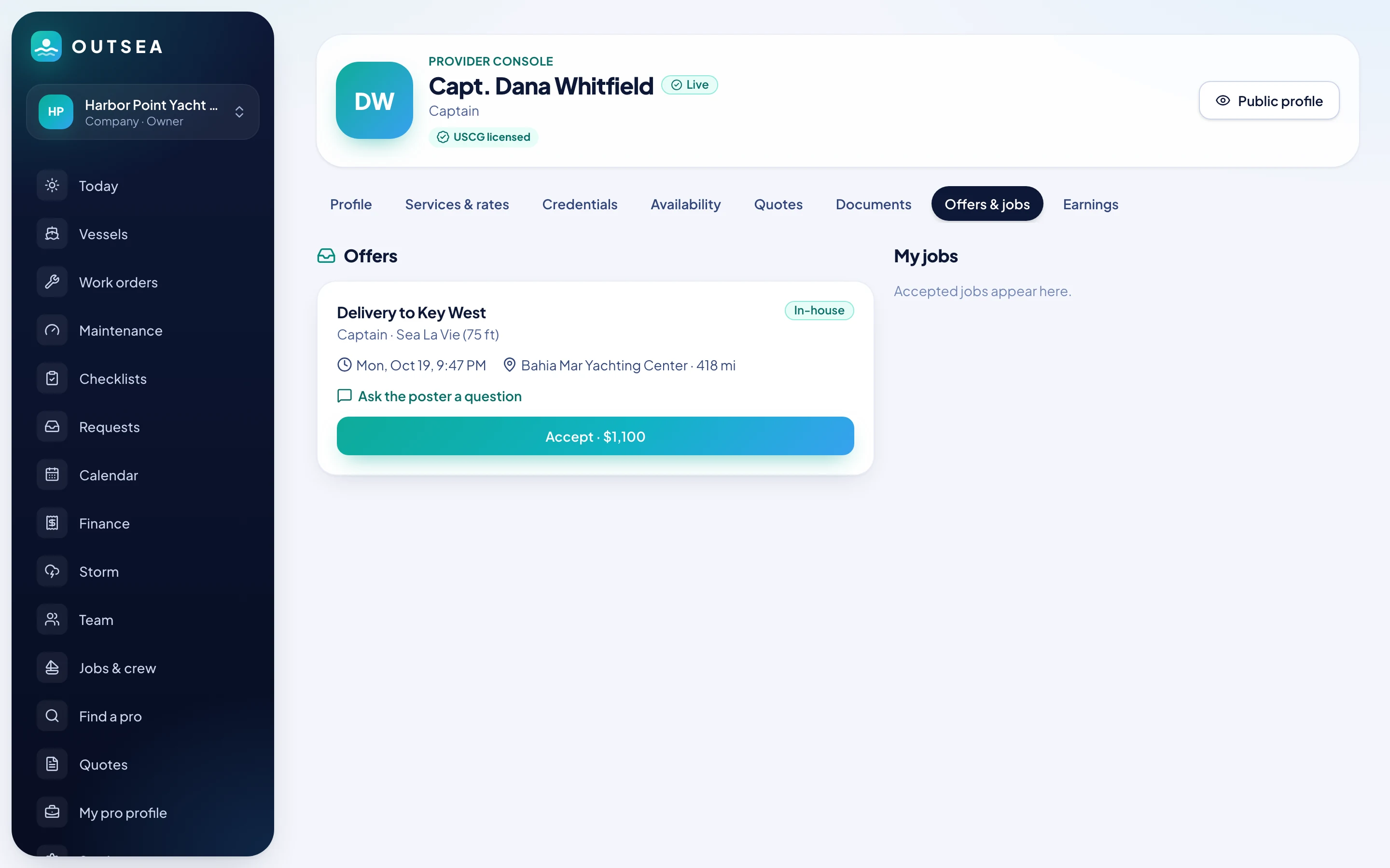Provider console with a captain job offer and an accept button