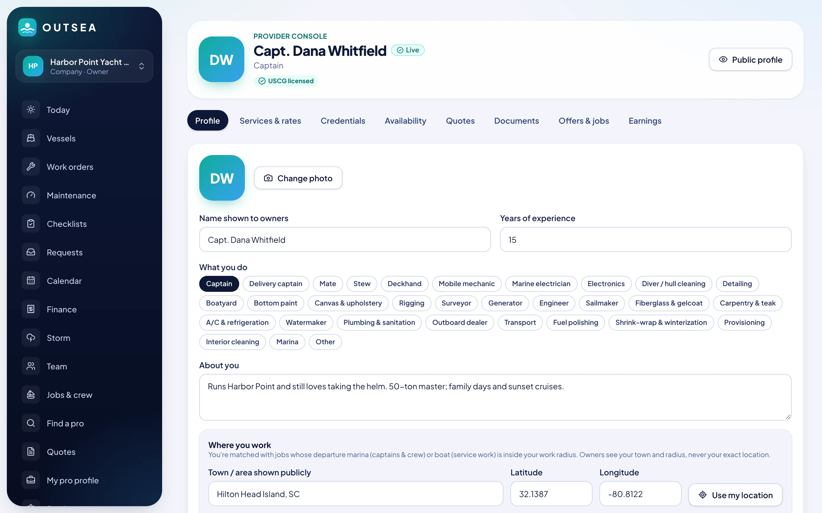 A captain's provider console profile with categories, bio and work area