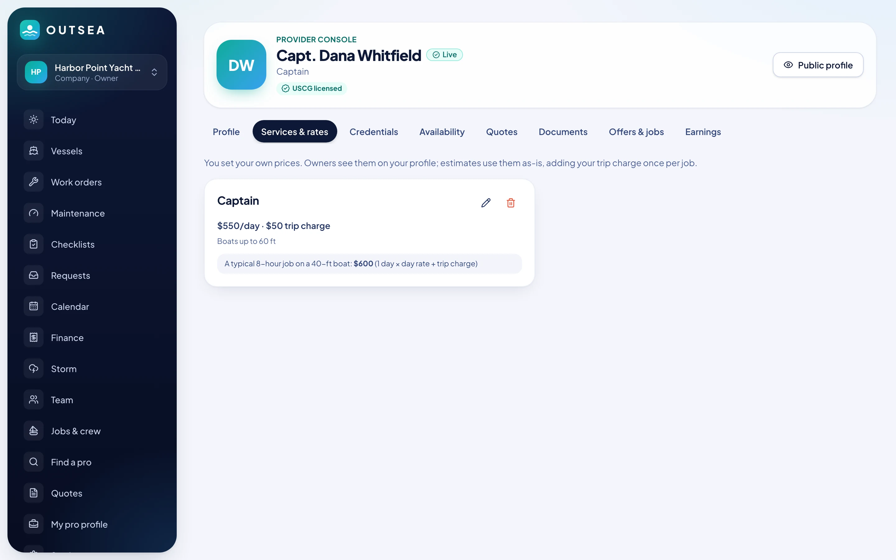 Services and rates: day rate, trip charge and boat size