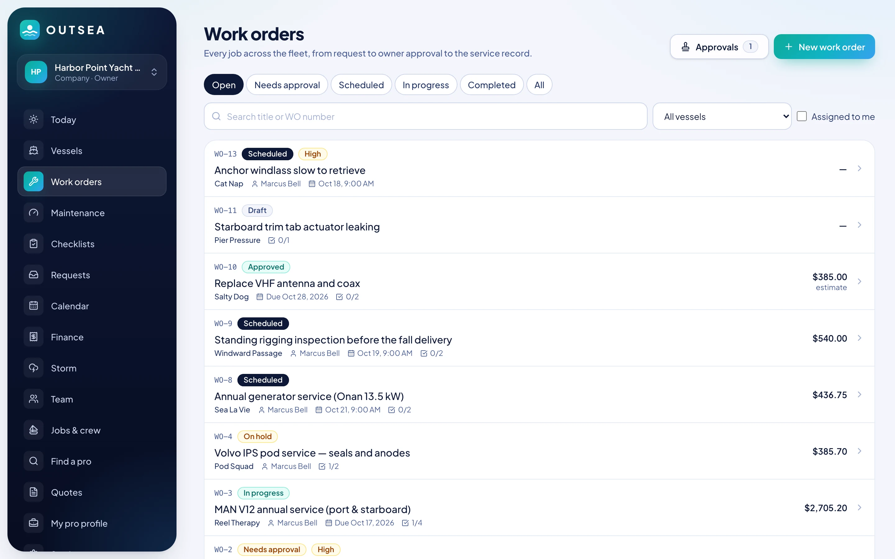 Work orders across the fleet with status and assignees